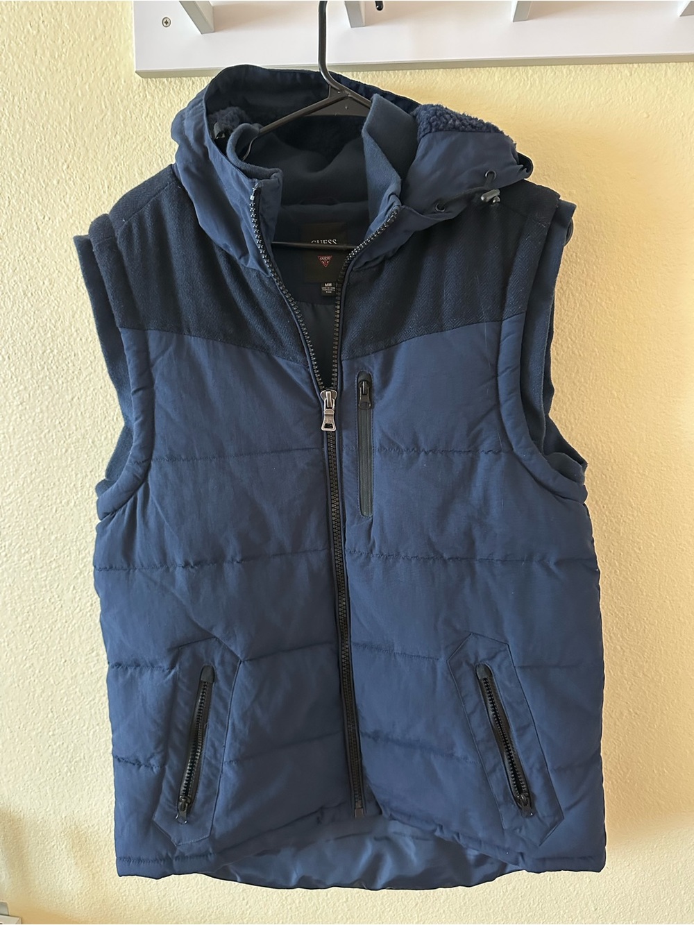 Guess Men's Navy Quilted Hooded Puffer Vest